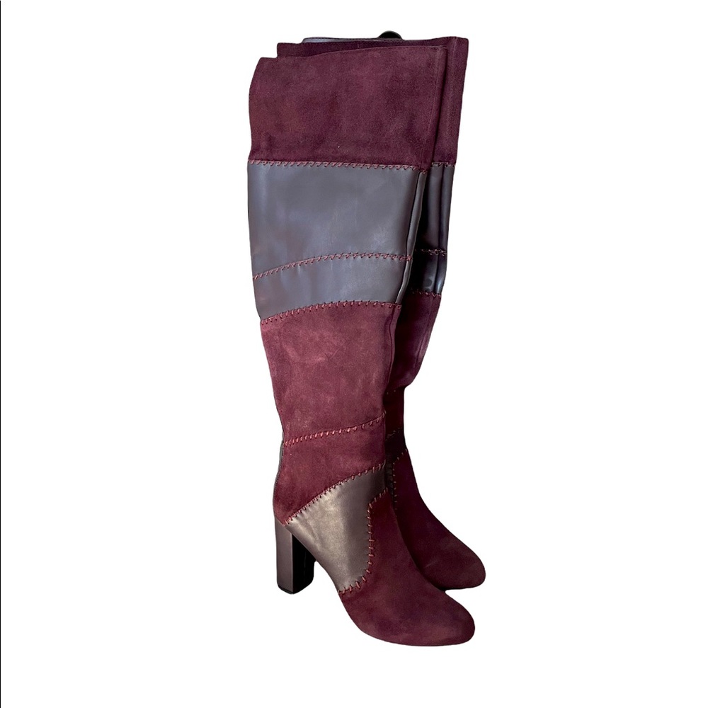 Maroon Heeled Boots with Suede and Leather Design